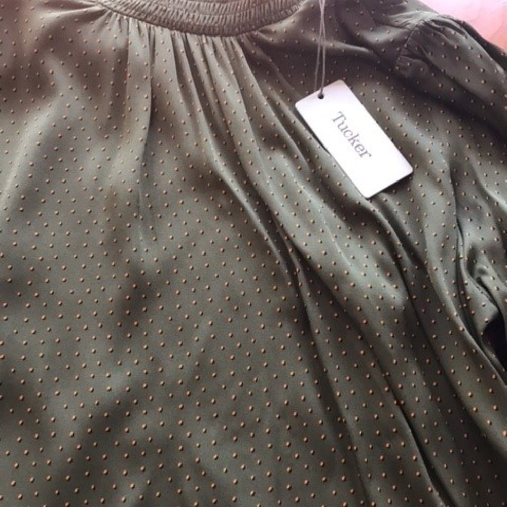 Tucker Stella Top Dot Olive in Stretch Georgette Silk Smocked Mock Neck Dotted